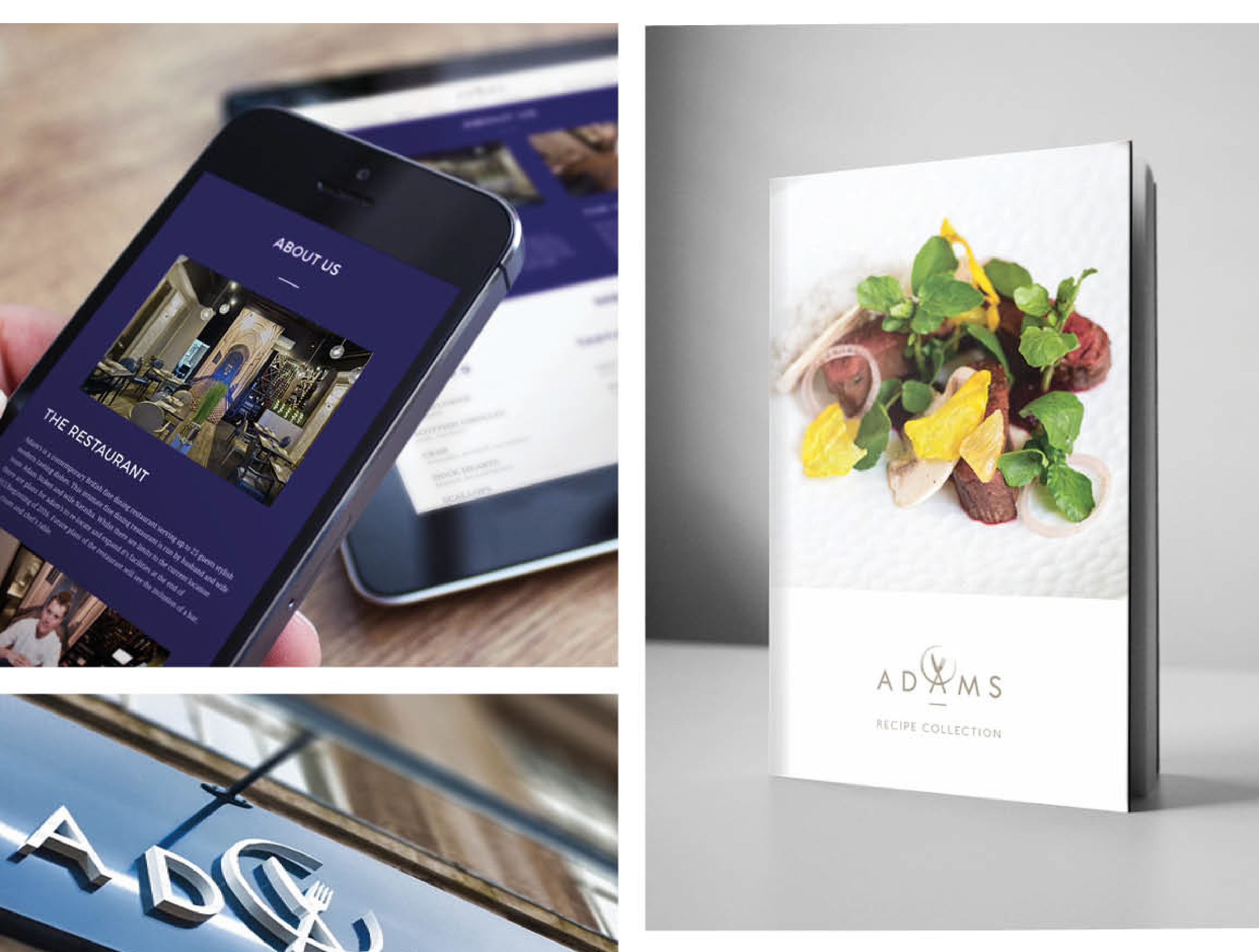Adam's restaurant brand by IE Brand on website, menus, signage and uniforms