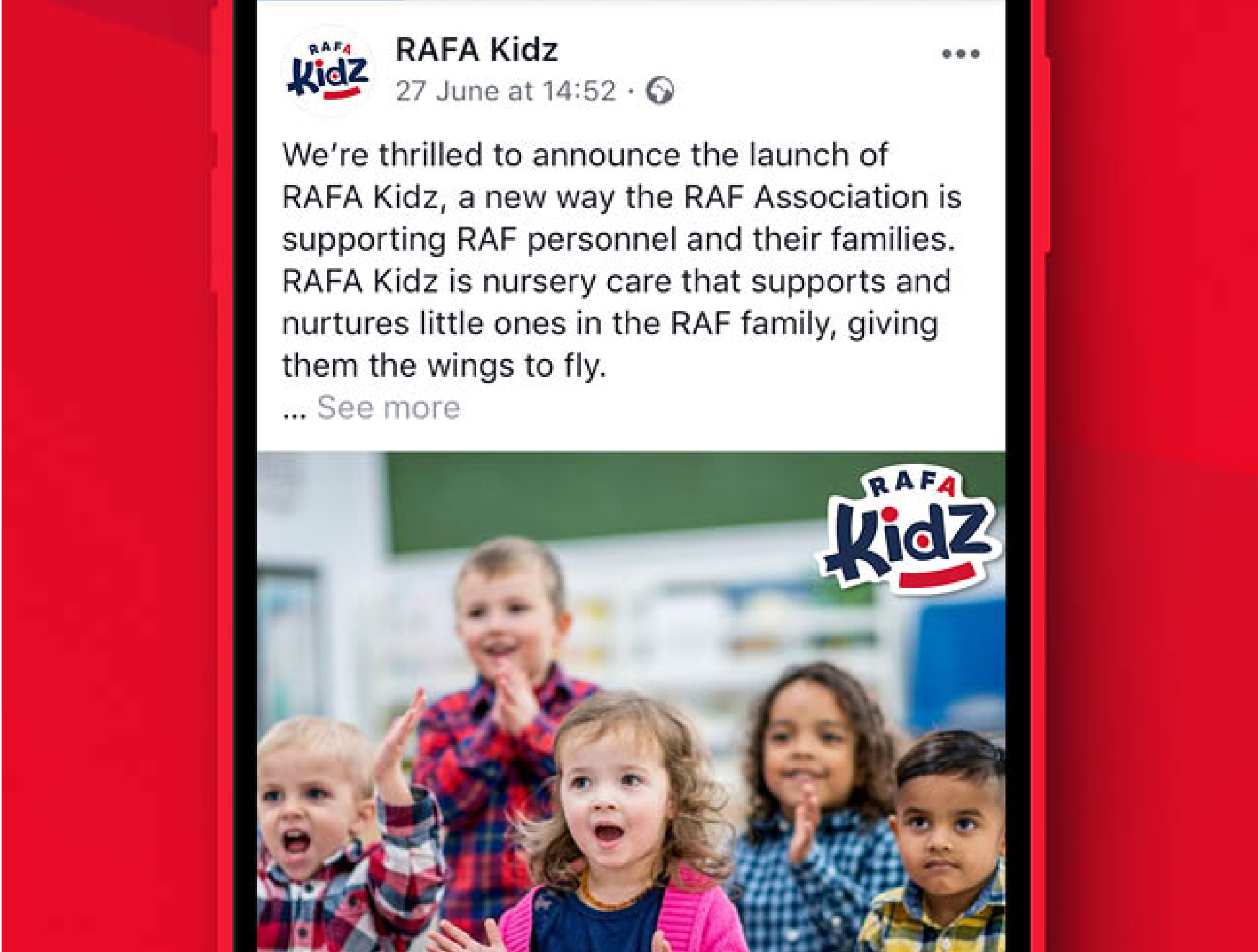 RAFA Kidz launch announcement on facebook post (shown on a mobile phone) 