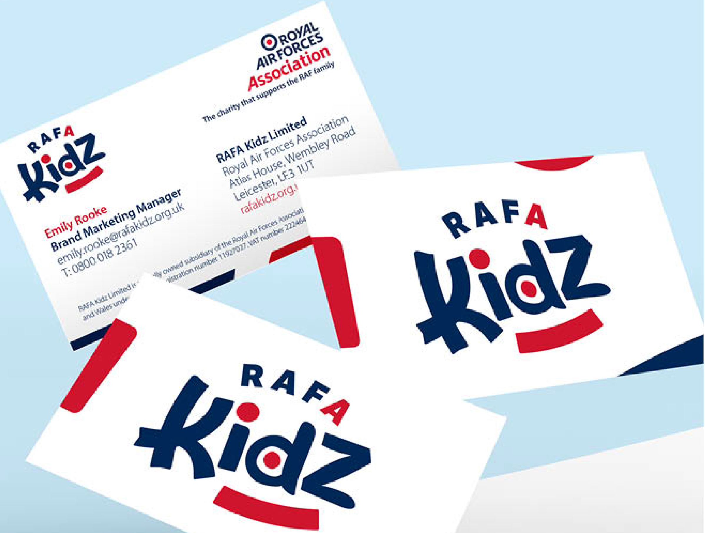 RAFA Kidz business cards. logo features an RAF symbol in the letter D