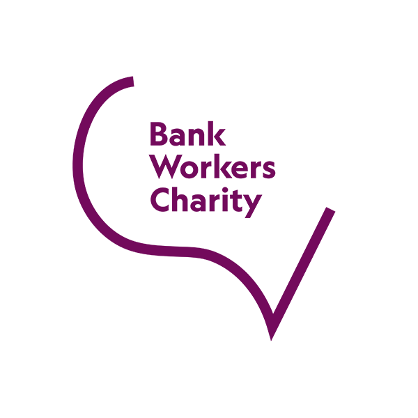 Bank Workers Charity new logo in plum. The name is partly enclosed in a speech bubble shape