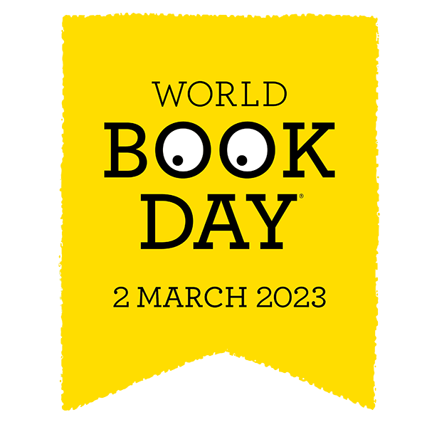 World Book Day logo on a yellow tag, with eyes looking down and to the left inside the double O of book. Shows the date, 2 March 2023
