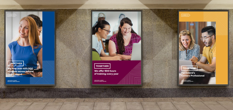 AHECS posters showing TOGETHER campaign messaging, strong statistics and colourful new visual identity