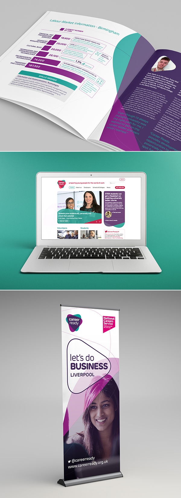 Career Ready rebrand shown on impact report, website and banner graphics