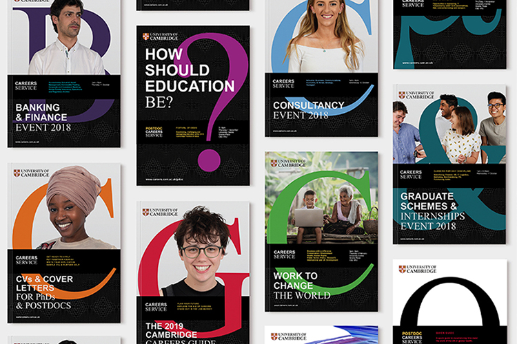Collage showing various branded careers collateral for University of Cambridge 