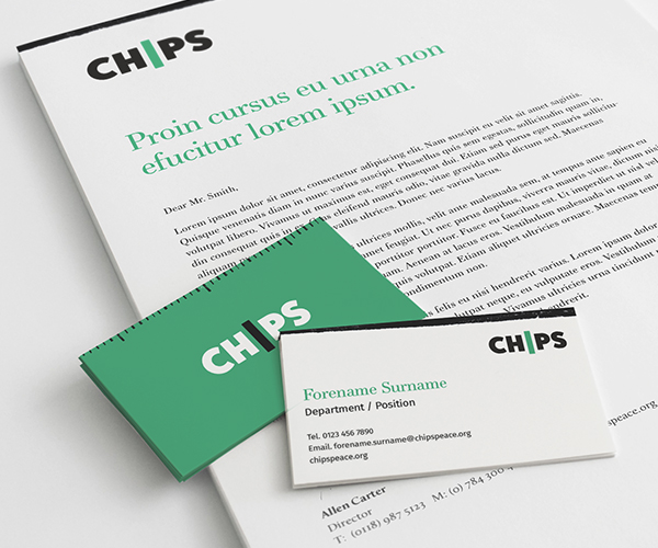 CHIPS charity brand shown on stationery