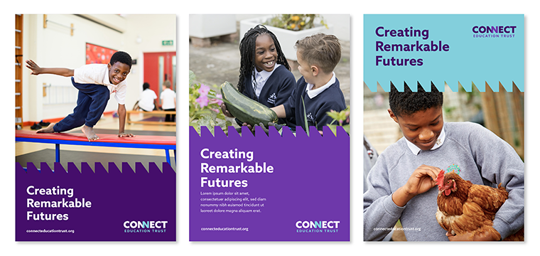 Branded comms for Connect Education Trust featuring the strapline "Creating Remarkable Futures" alongside great photography of children at study and at play.