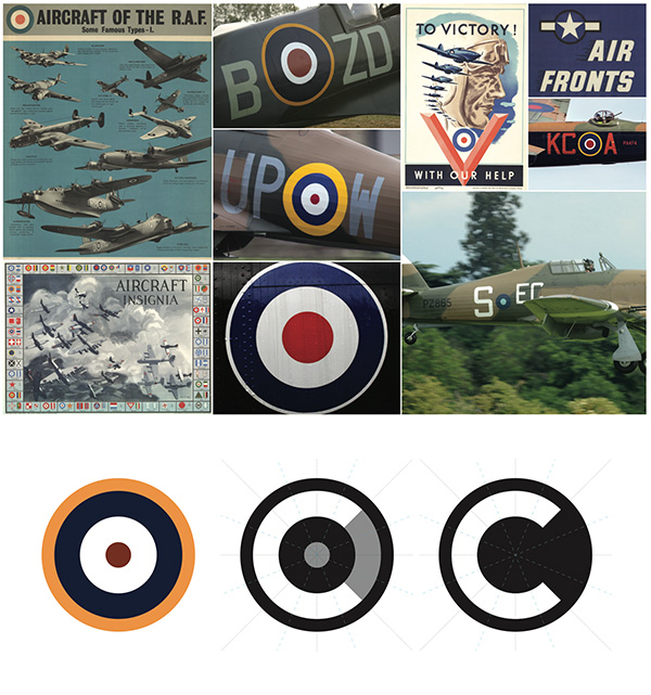Imagery used in development of the Cranfield University visual identity and logo design, drawing from RAF history and roundel
