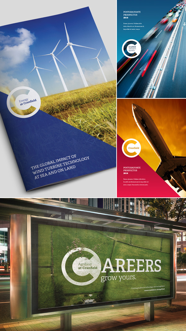 Cranfield University rebrand applied to marketing collateral and advertising