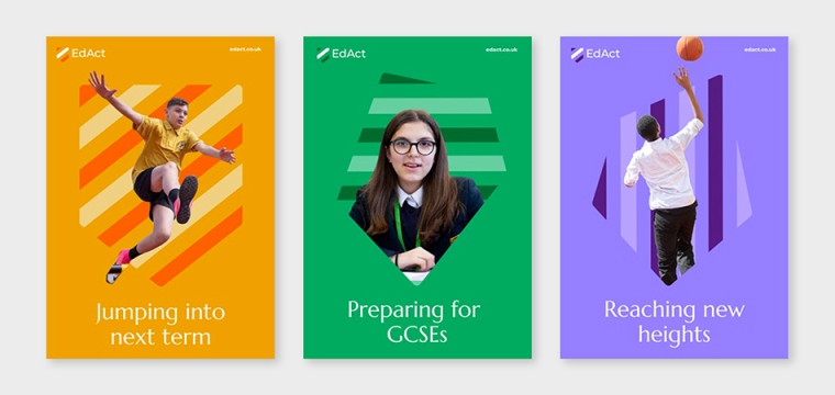 Set of brochures showing the use of EdAct's brand photography, vibrant colour palette and striking stripes