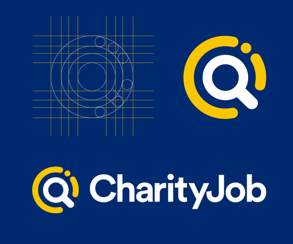 CharityJob revised logo design showing magnifying glass and subtle C J initials