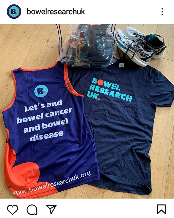 An Instagram post from @BowelResearchUK showing branded Bowel Research UK running shirts to celebrate the London Marathon fundraisers