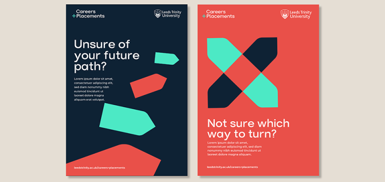 Brochure mock-ups showing the Leeds Trinity University Careers + Placements branding