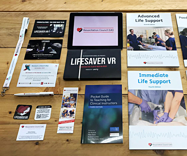The old Resuscitation Council (UK) visual identity shown on a variety of marketing collateral
