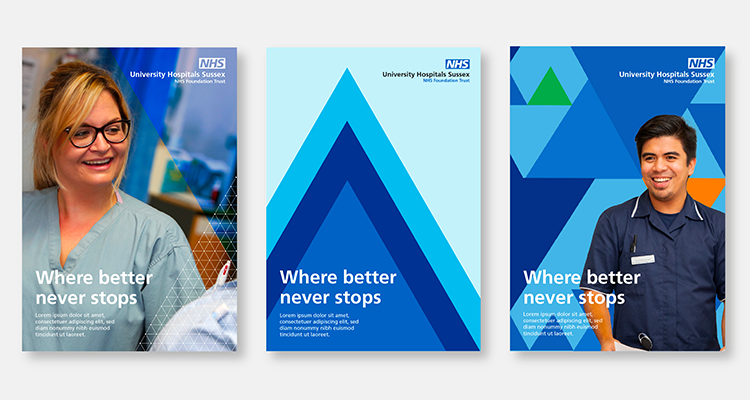 University Hospitals Sussex new brand in shades of blue, shown as pieces of marketing and information collateral