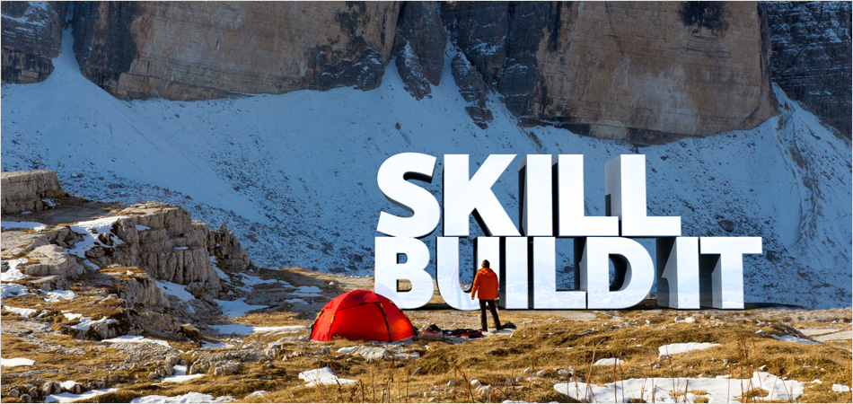 University of York careers service brand by IE Brand – giant lettering in the landscape saying "Skill – Build It"