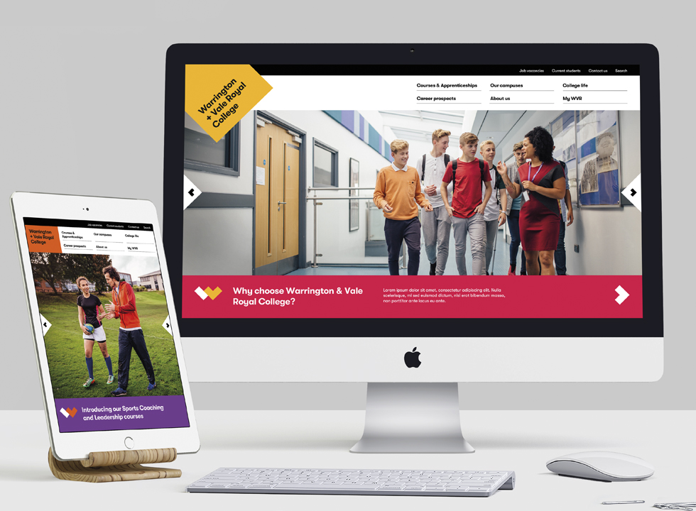 Warrington & Vale Royal College – new brand shown on desktop and mobile devices