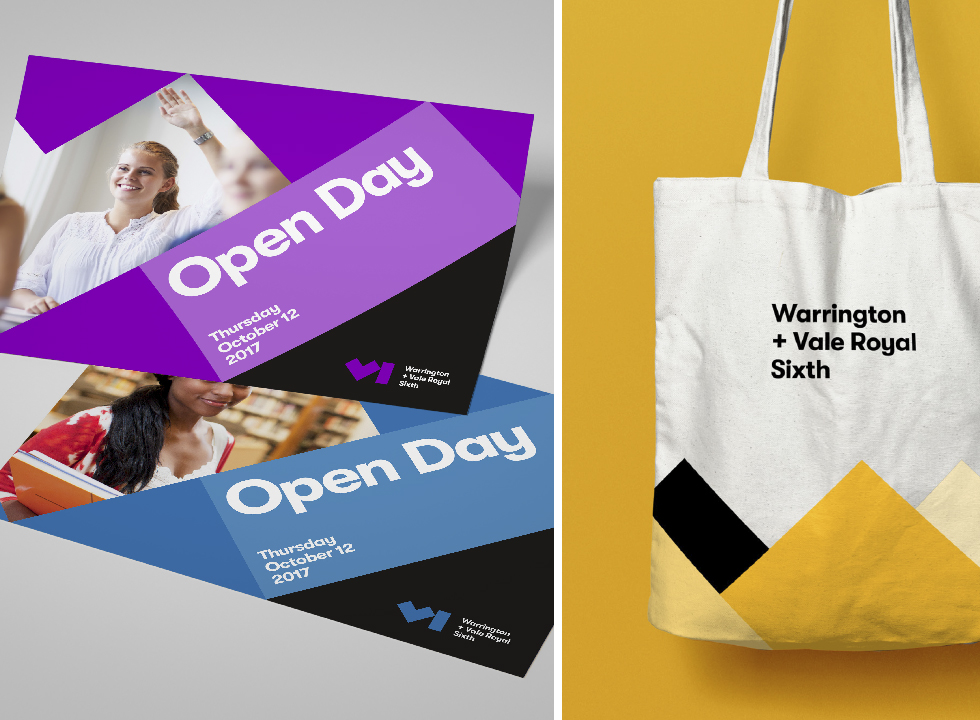 Warrington & Vale Royal Sixth – sub-brand of the FE college shown canvas bag and postcards