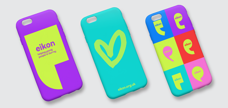 Mock up showing three mobile phones side by side, with Eikon branded phone cases in a vibrant colour palette