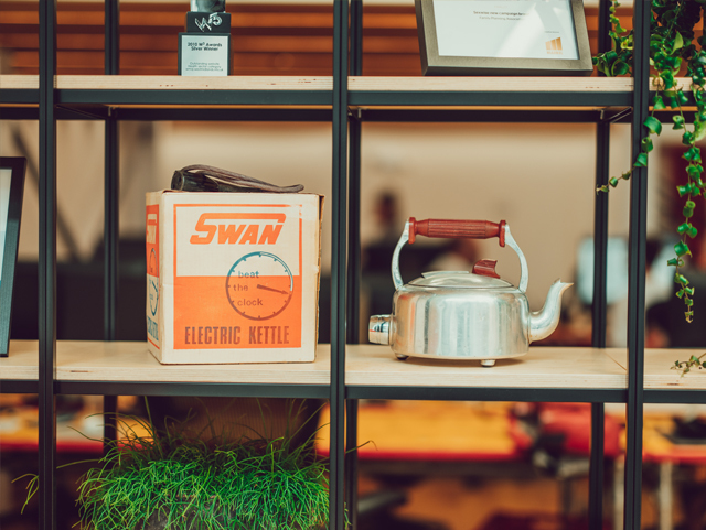 A vintage Swan Brand electric kettle with original box, on show in the IE studio as a nod to it's former life as the Swan factory. Hence the building's name, Kettleworks