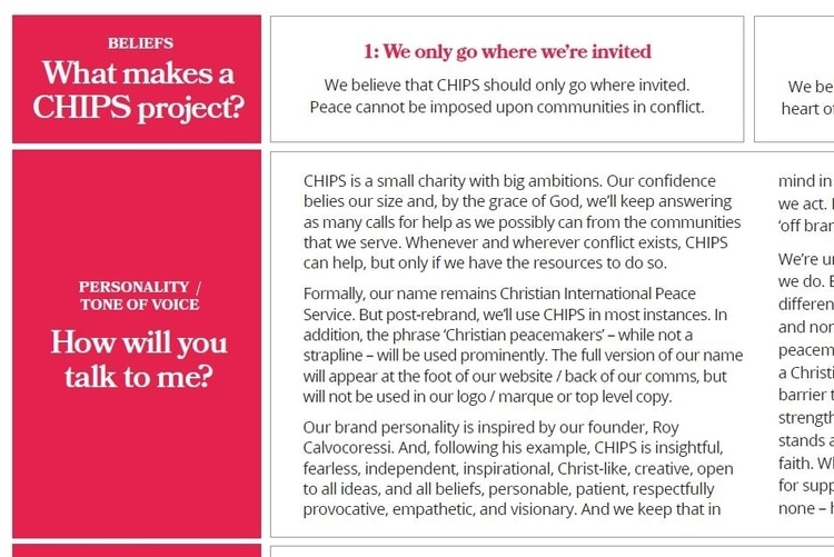 Snapshot from charity CHIPS' brand messaging matrix - Beliefs, personality, tone of voiced