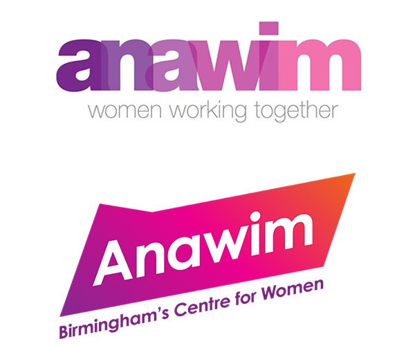 The old Anawim logo with the line 'Women Working Together' and below it the new logo and strapline 'Birmingham's Centre for Women'