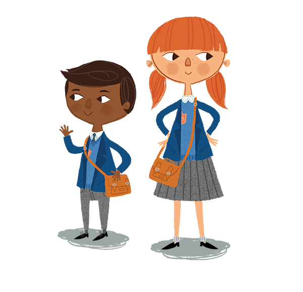 PFEG Young Money illustrated characters of two school children