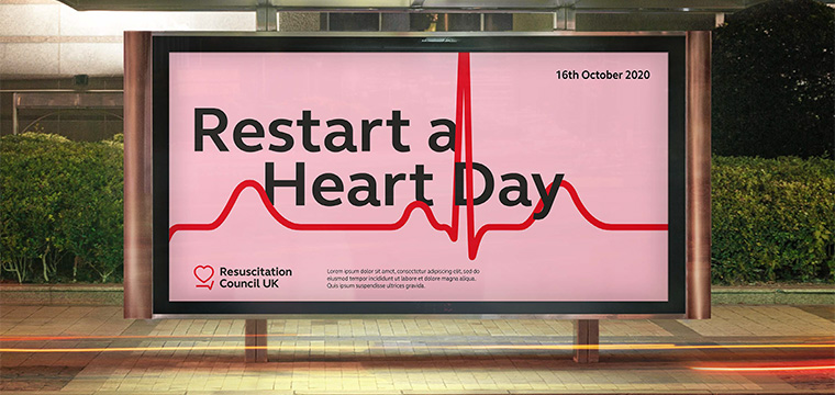 New Resuscitation Council UK branding shown on a mock billboard to promote the annual Restart a Heart Day