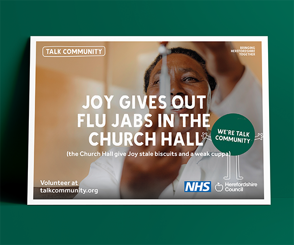 Talk Community postcard "Joy gives out flu jabs in the church hall. The church hall give Joy stale biscuits and a weak cuppa)"