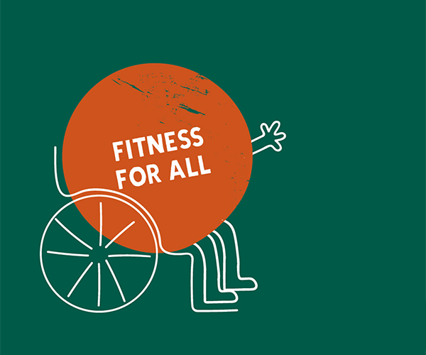 Illustrated character in a wheelchair showing "Fitness for all"
