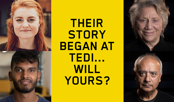 Their story began at TEDI... will yours? Caption in black on yellow background. 2 photos on the left side show two students, one male and one female, on the right are their older selves after 50 years in engineering careers.