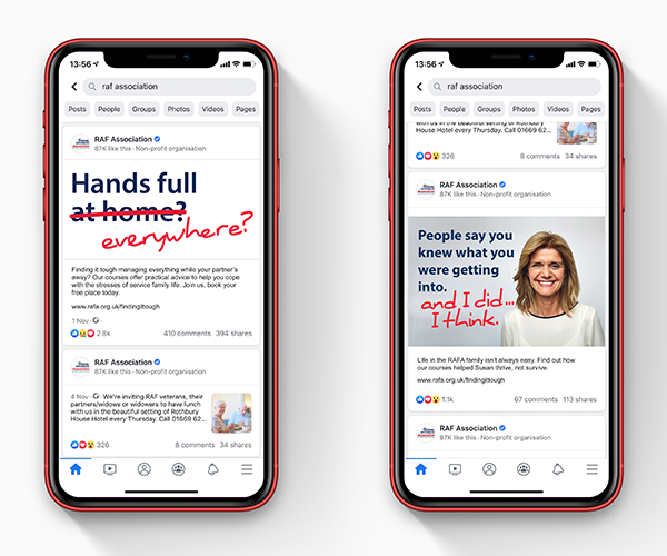 Phones showing campaign copy on social media