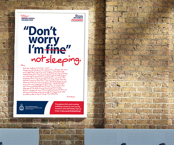 Poster showing "don't worry I'm fine" - fine crossed out, replaced with "not sleeping"