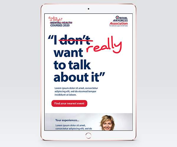 Tablet showing website with slogan "I don't want to talk about it" - Don't is crossed out and replaced with "Really"