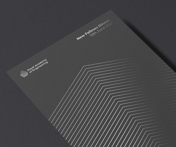 An example prestige publication for Royal Academy of Engineering using foil accents for the logo, geometric patterns and type