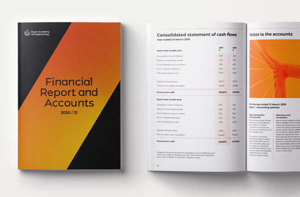 Mock up of a financial report in the new Royal Academy of Engineering visual identity