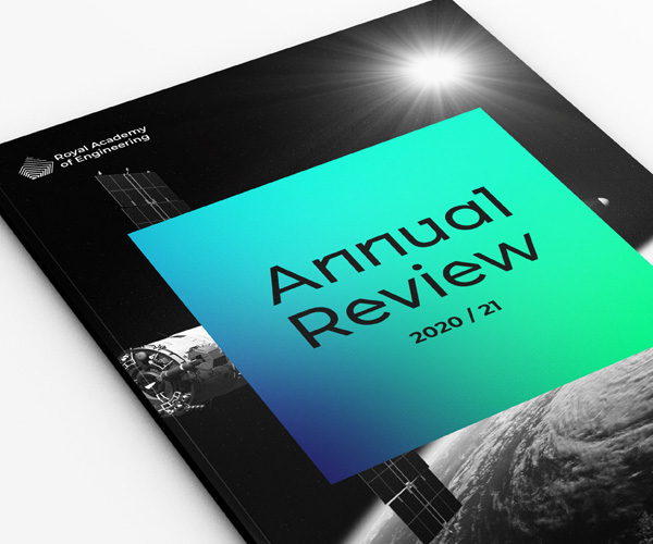 Mock up of an annual review in the new Royal Academy of Engineering visual identity