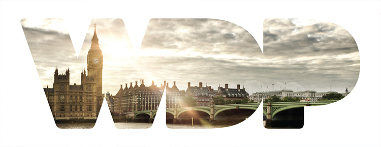 WDP logo with beautiful photography of Westminster at sunset seen through the window of the letters WDP - by IE Brand