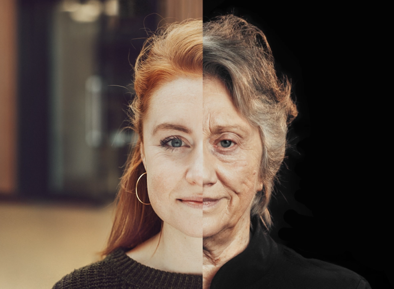 A two part portrait with the left half showing a young woman's face and on the right side of the face, an older woman representing how she might look 50 years in the future