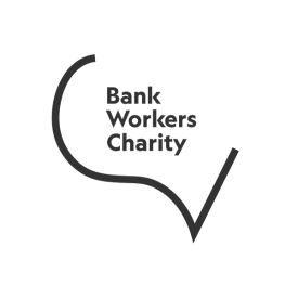 Bank Workers Charity new logo in plum. The name is partly enclosed in a speech bubble shape