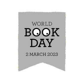 World Book Day logo on a grey tag, with eyes looking down and to the left inside the double O of book. Shows the date, 2 March 2023 