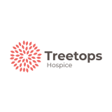 Treetops Hospice logo shows a representation of a tree shown from above, a circle of leaves in an autumn red colour arranged in a circle