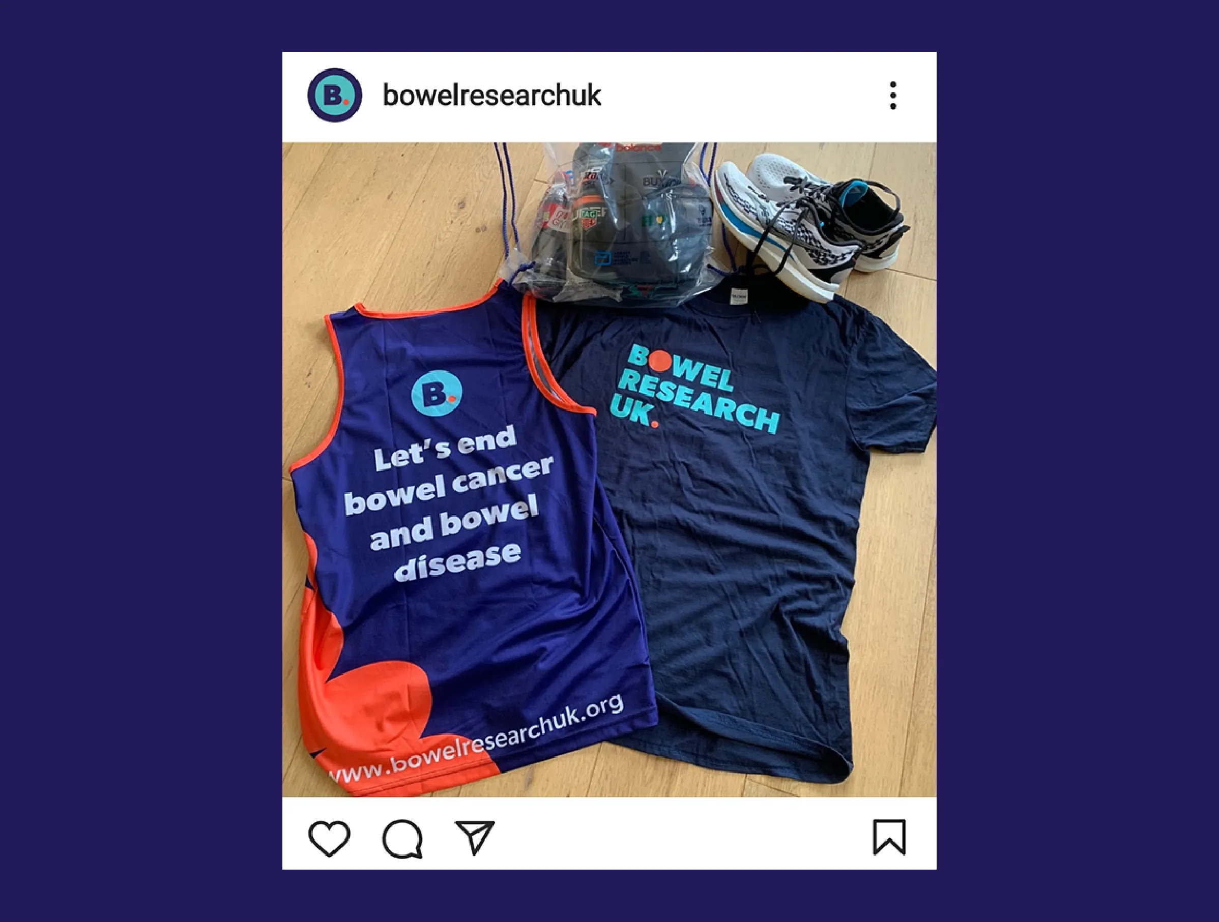 Bowel Research UK Instagram Post with Sponsorship Clothing