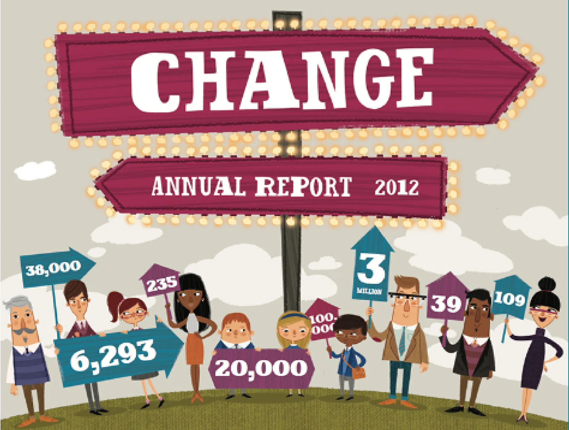PFEG Young Money illustration for annual report, with characters carrying placards with numbers on