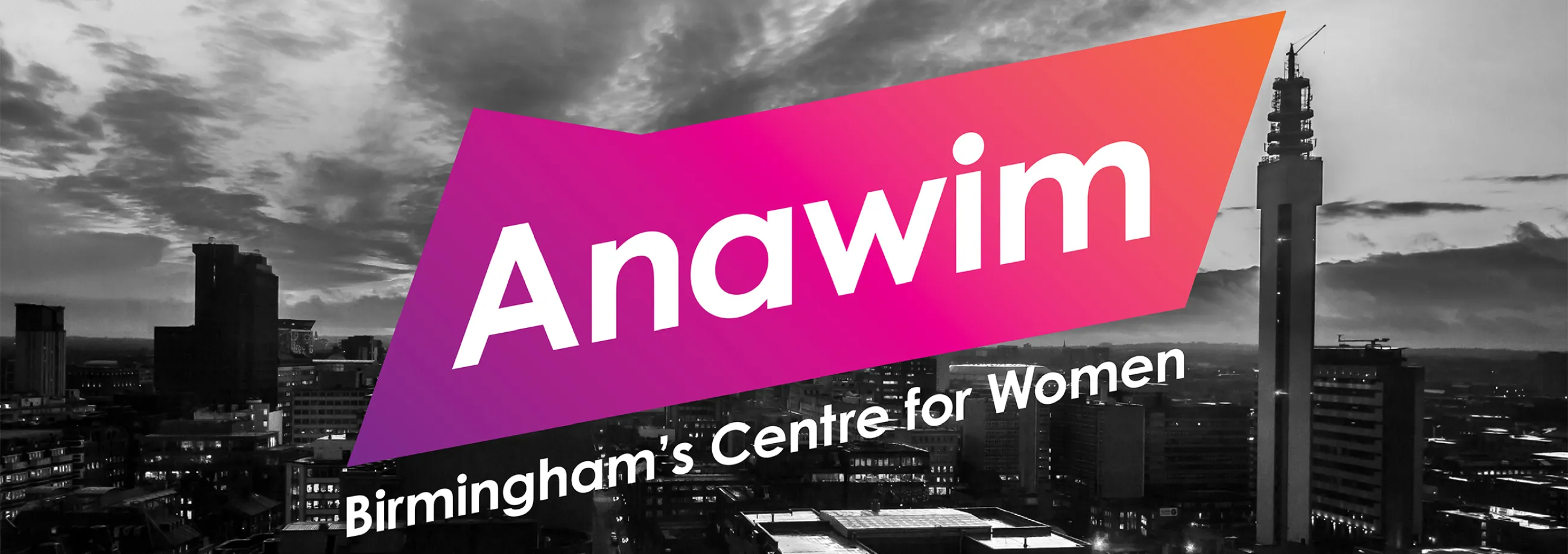 Anawim logo in shade of purple, pink and orange over black and white photo of Birmingham