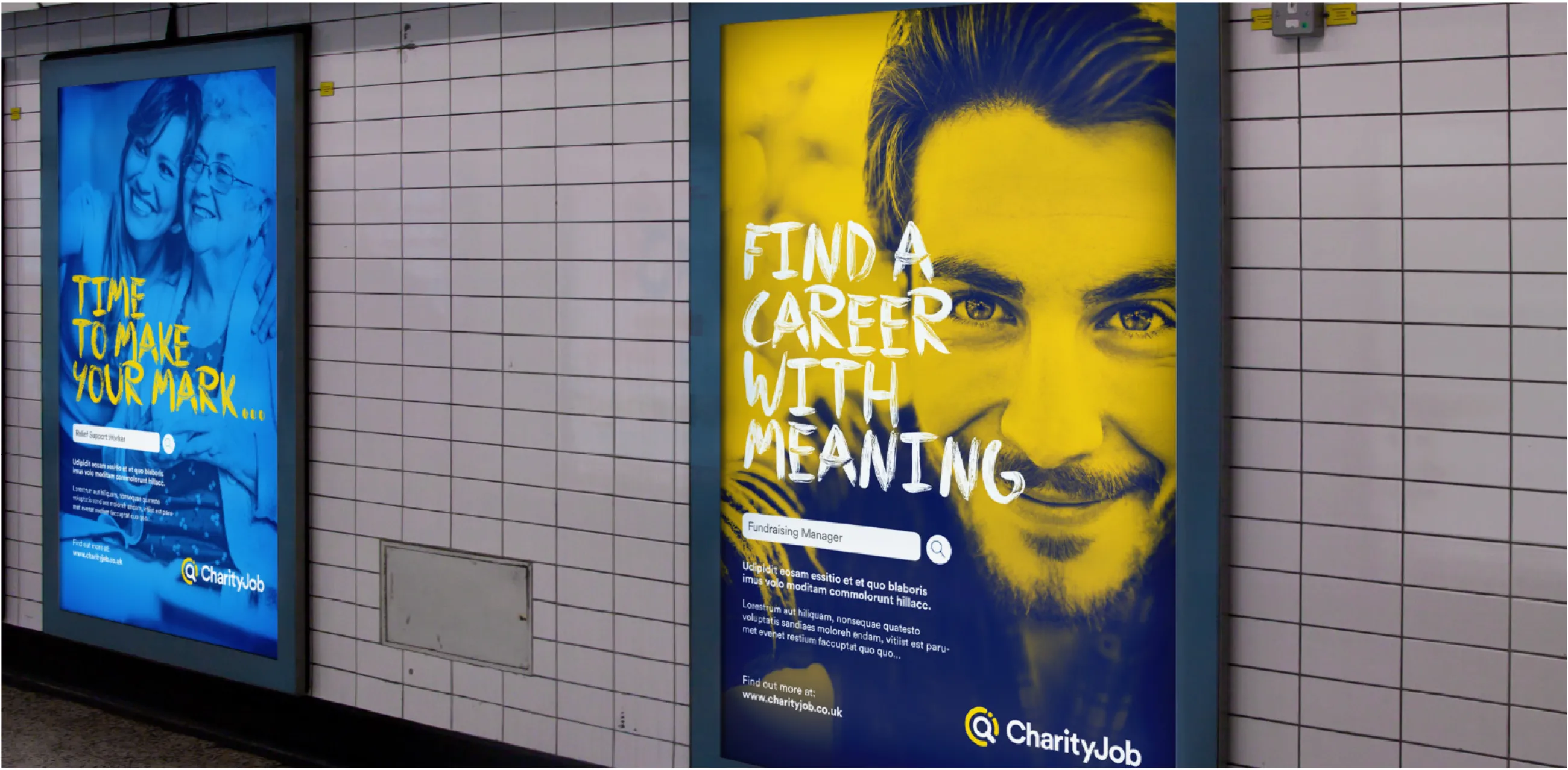 CharityJob posters: "Make your mark" and "Find a career with meaning"
