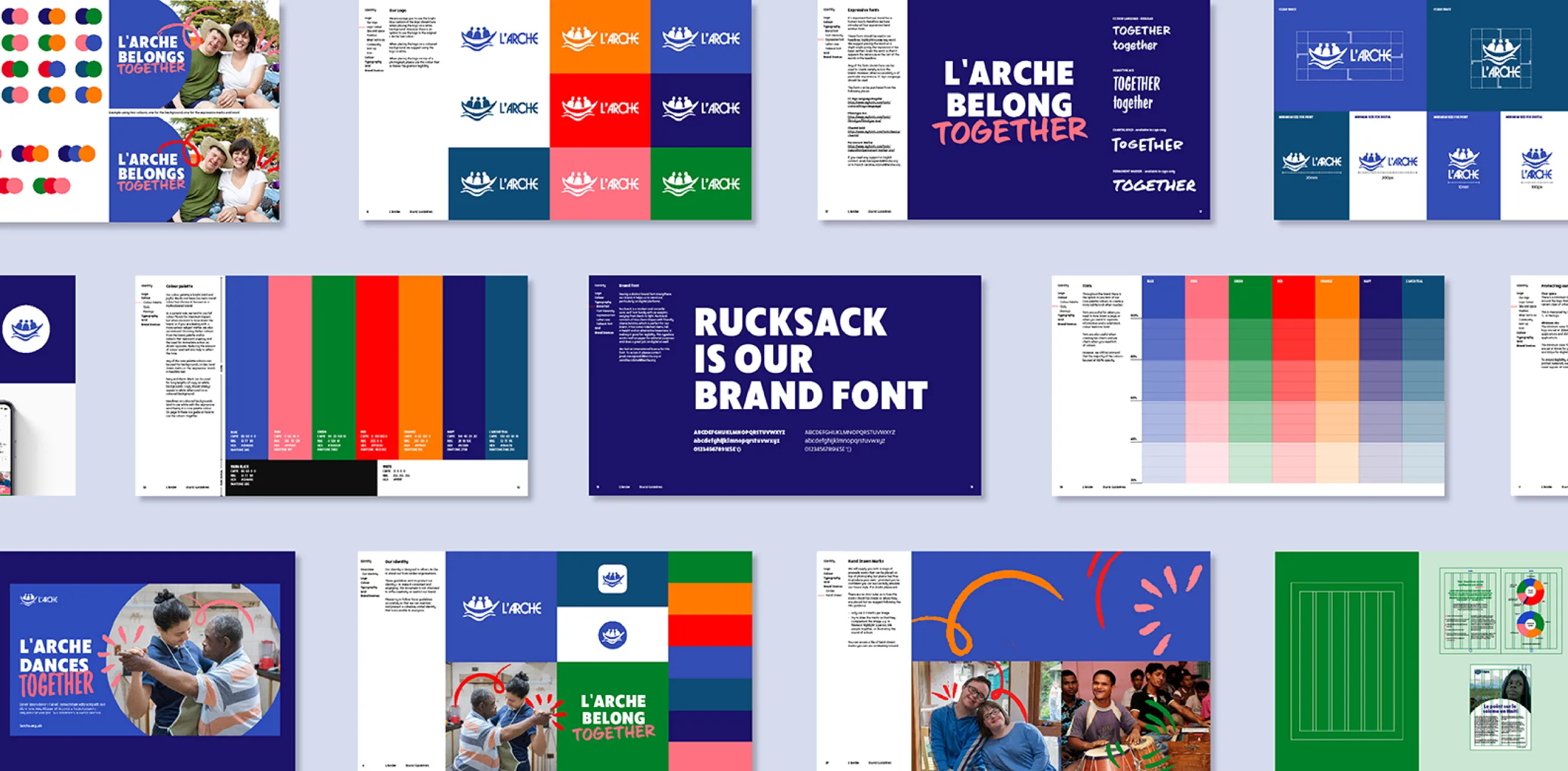 Various layouts from the L'Arche brand guidelines showing how to combine the different brand elements and colours