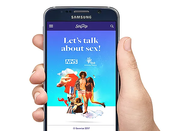 Sexwise website shown on a mobile phone screen, with NHS and FPA logos and the relationships collage, headline says "Let's talk about sex!"