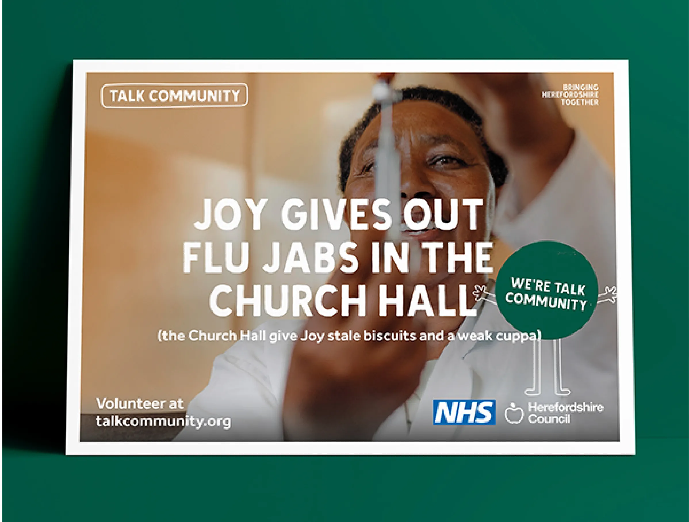 Talk Community poster with Herefordshire Council and NHS about flu jabs