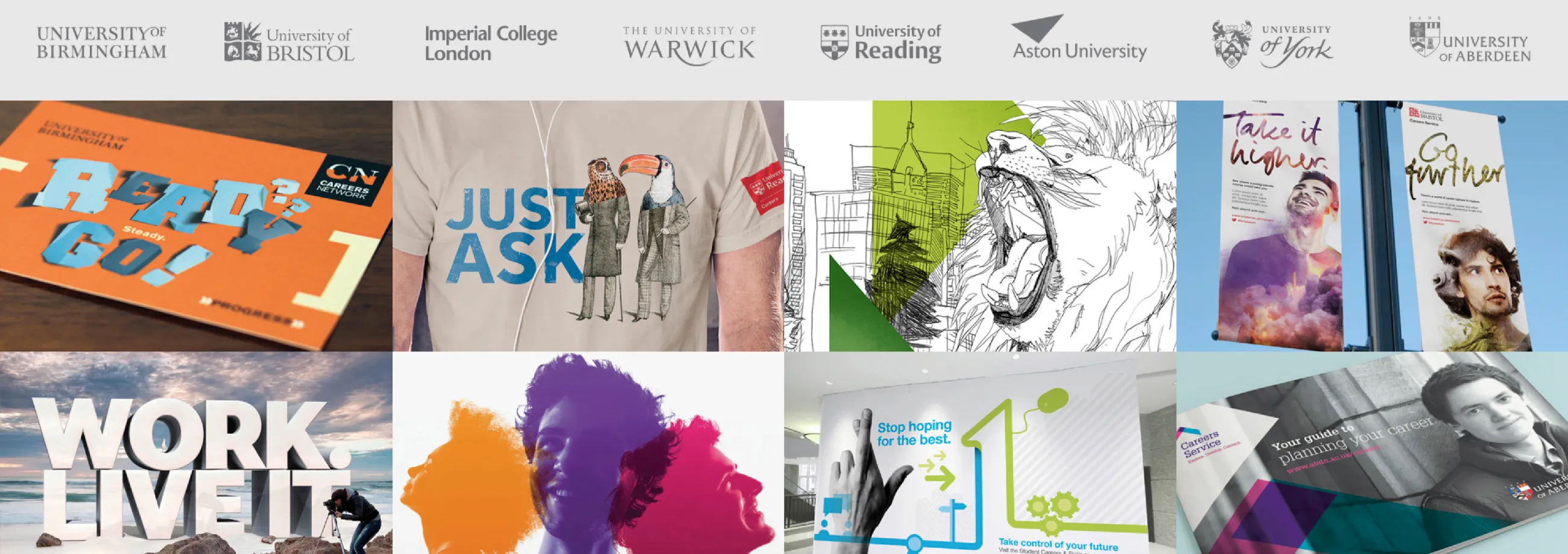 Selection of IE Brand visual identity work for a number of different University Careers Services clients