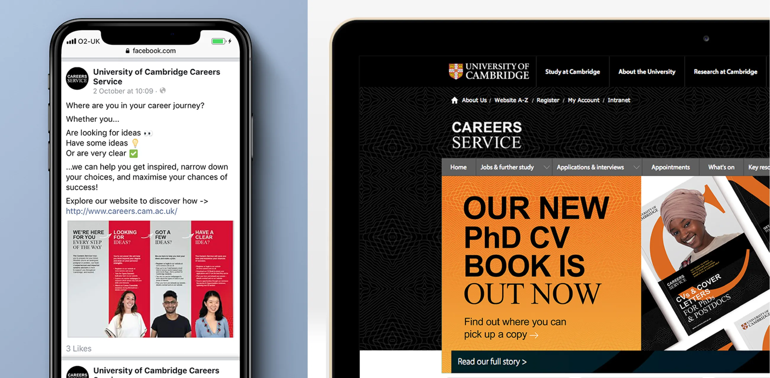 New brand applied to website and social media for University of Cambridge Careers Service